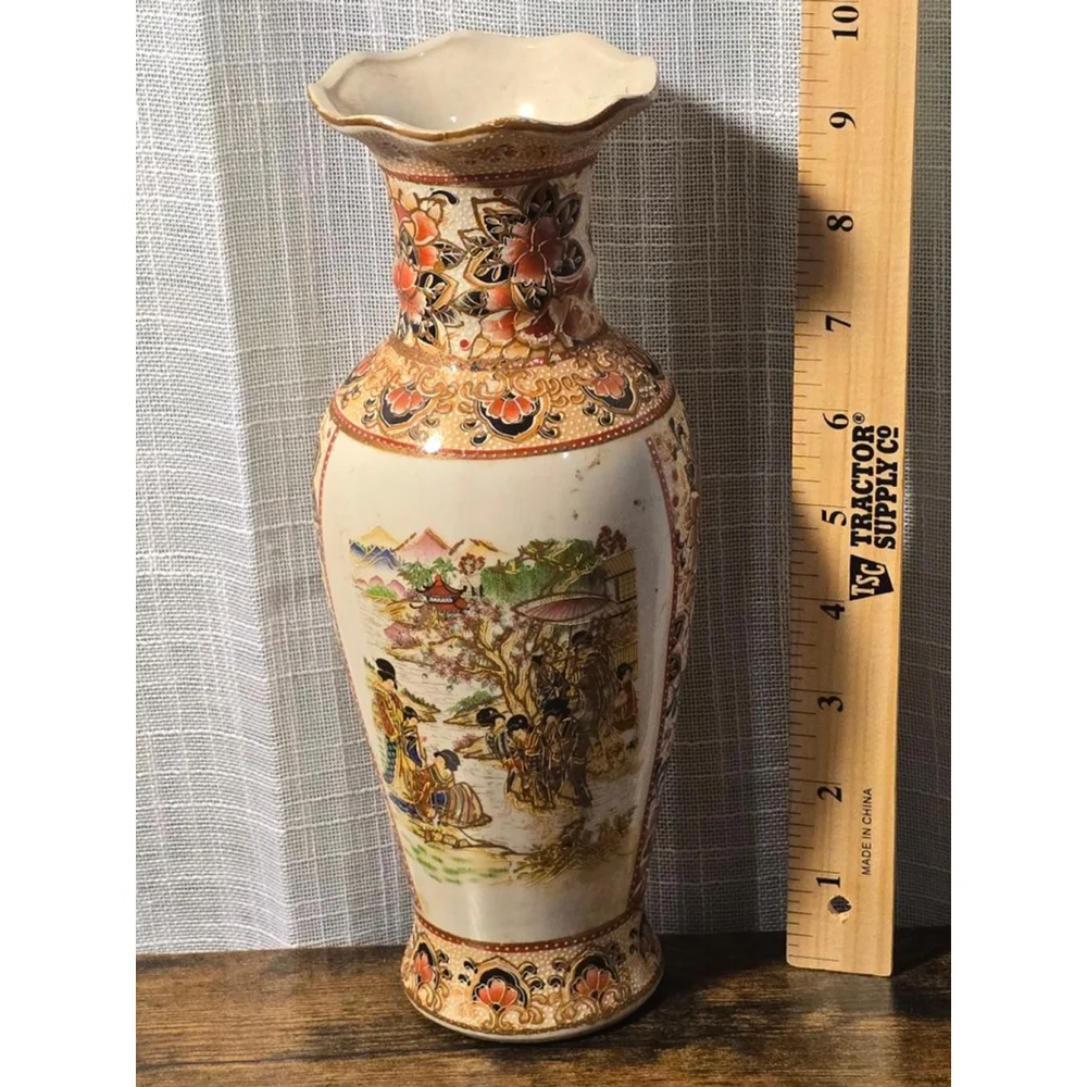 Set of 2 Vintage‎ Japanese Style Vases Tan/Red 10 inch